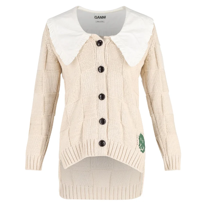 Ganni Rope Collared Cardigan in Cream Cotton Boxy Cardigan Fitted Cardigan A-Line