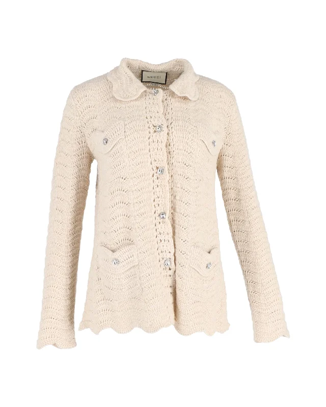 Gucci Crystal-Button Crochet Cardigan In Cream Wool Mesh Fabric Canvas Fabric Denim Fabric