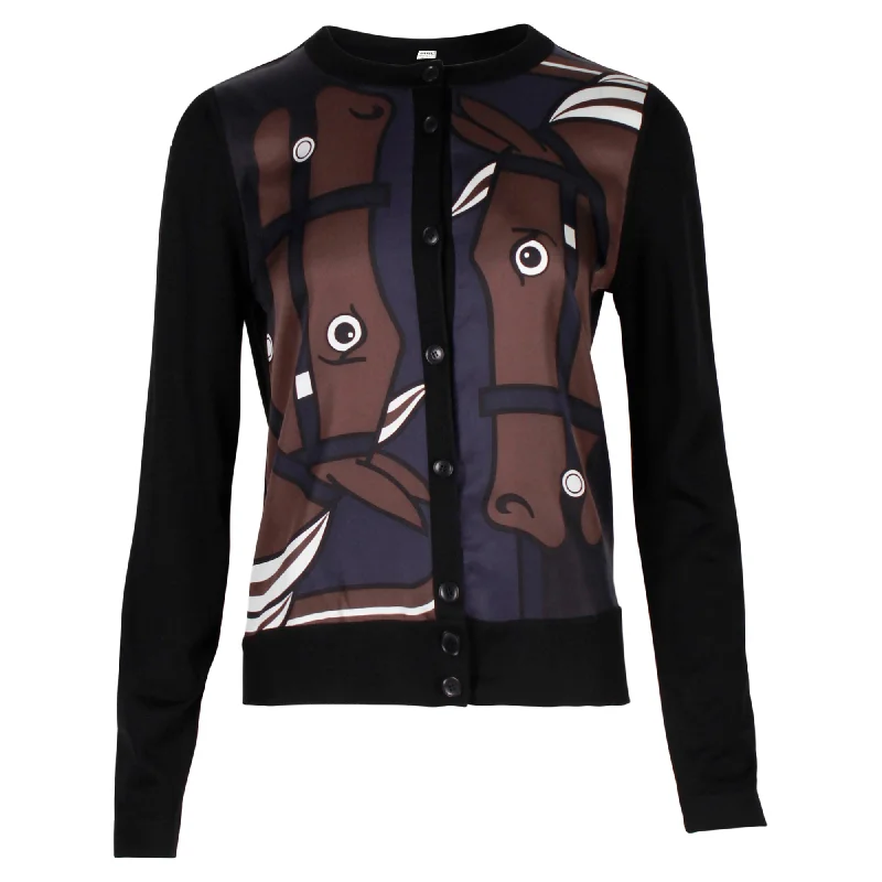 Hermes Horse Printed Cardigan in Black Virgin Wool Cable Knit Ribbed Knit Lace Knit