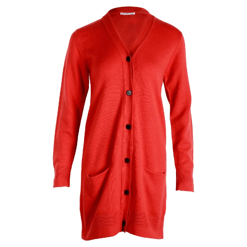 Hermes Long Buttoned Cardigan in Red Cashmere Solid Color Striped Floral Print