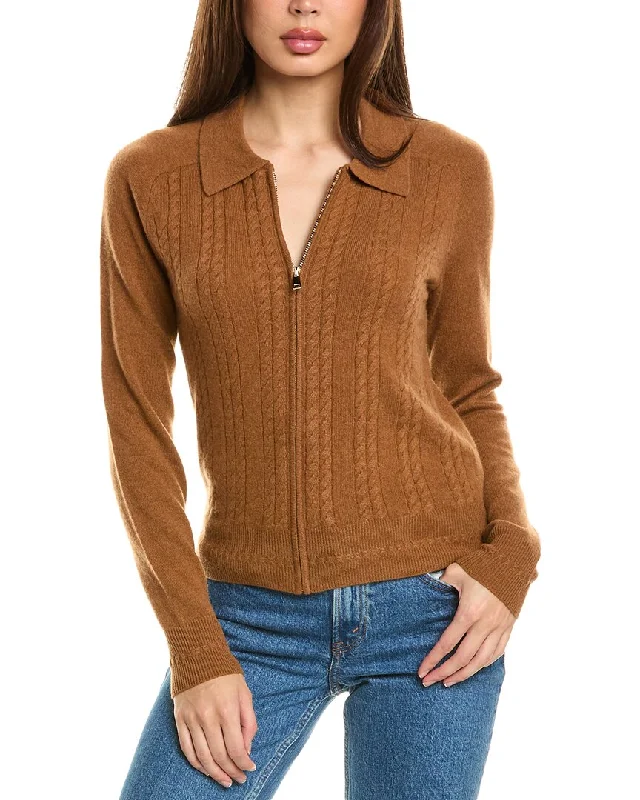 InCashmere Zip Front Cashmere Cardigan Herringbone Houndstooth Plaid