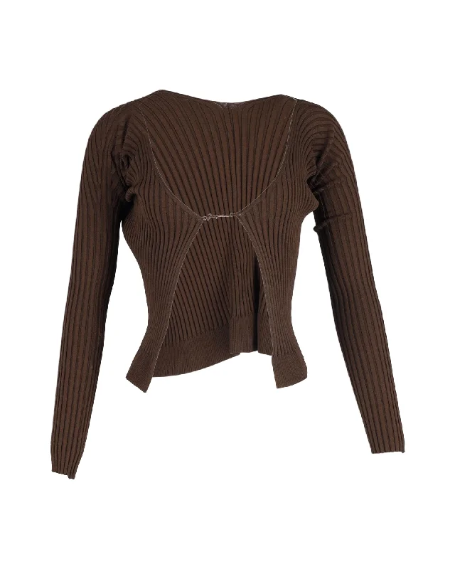 Jacquemus La Maille Pralù Longue Logo Cardigan in Brown Polyester Chenille Fabric Brocade Fabric Lace Fabric