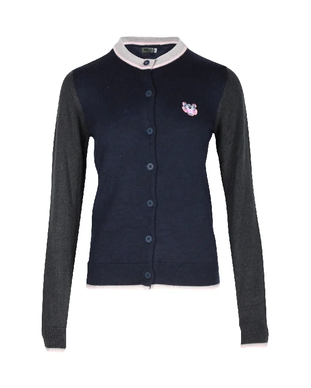 Kenzo Tiger Patch Cardigan in Navy Blue Wool Zippered Buttoned Snapped