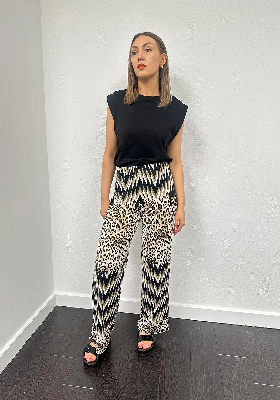 Serafina Chevron Leopard Print One Size Trousers, Beige Trousers Low Rise Relaxed
