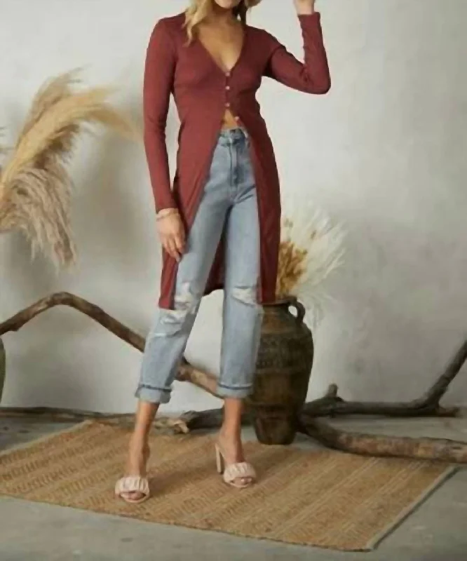 Long Sleeve Cardigan With Buttons In Marsala Silk Blend Satin Velvet