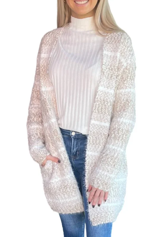 Long Striped Eyelash Knit Cardigan In Beige Stylish Fashionable Trendy