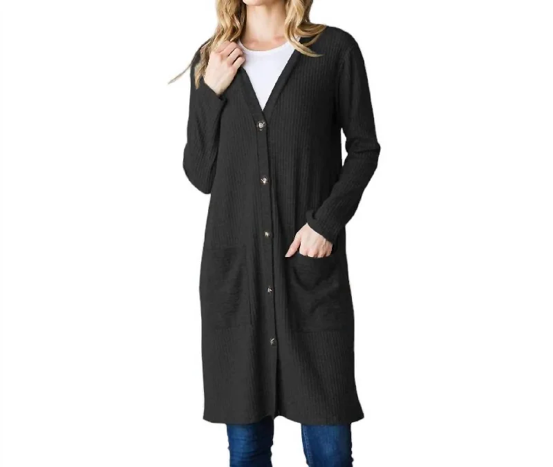 Marcy Ribbed Cardigan In Black Boxy Cardigan Fitted Cardigan A-Line