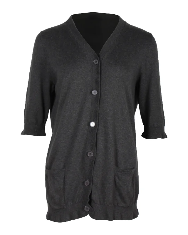 Marni x Joyce Ruffled Cardigan in Grey Cotton Crew Neck V-Neck Turtle Neck