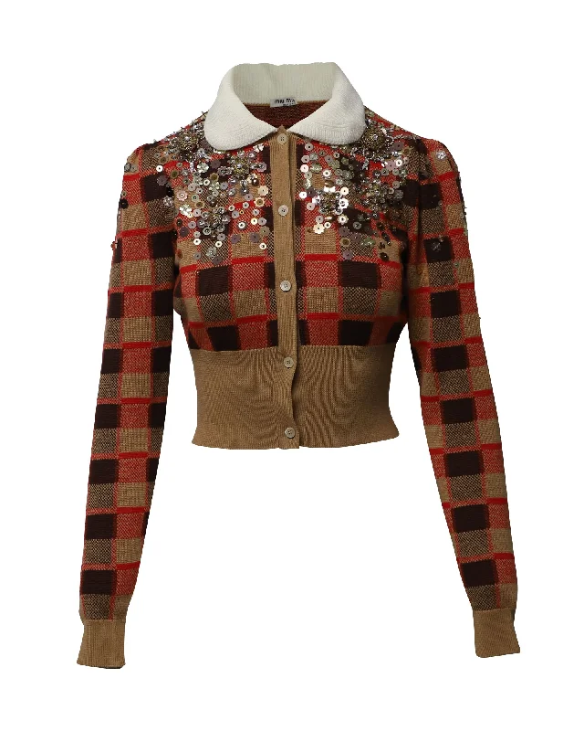 Miu Miu Embellished Tartan Knit Cardigan in Multicolor Wool Front Pockets Side Pockets Patch Pockets Miu Miu Embellished Tartan Knit Cardigan in Multicolor Wool Front Pockets Side Pockets Patch Pockets