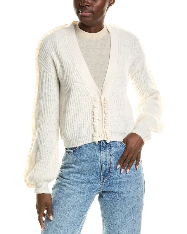 QUINN Ruffle Trim Cashmere Cardigan Zippered Front Buttoned Front Snap Front