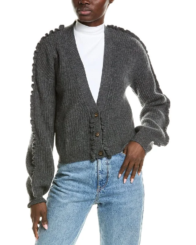 QUINN Ruffle Trim Cashmere Cardigan Welt Pockets Slit Pockets Flap Pockets