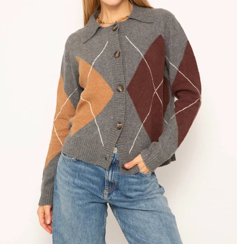 Roman Argyle Sweater Cardigan In Gray/brown/tan Fitted Slim Tailored