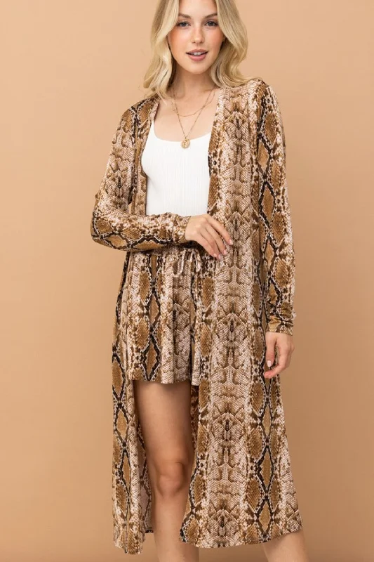 Snake Print Kimono Open Front Longline Cardigan Real Fur Shearling Chenille