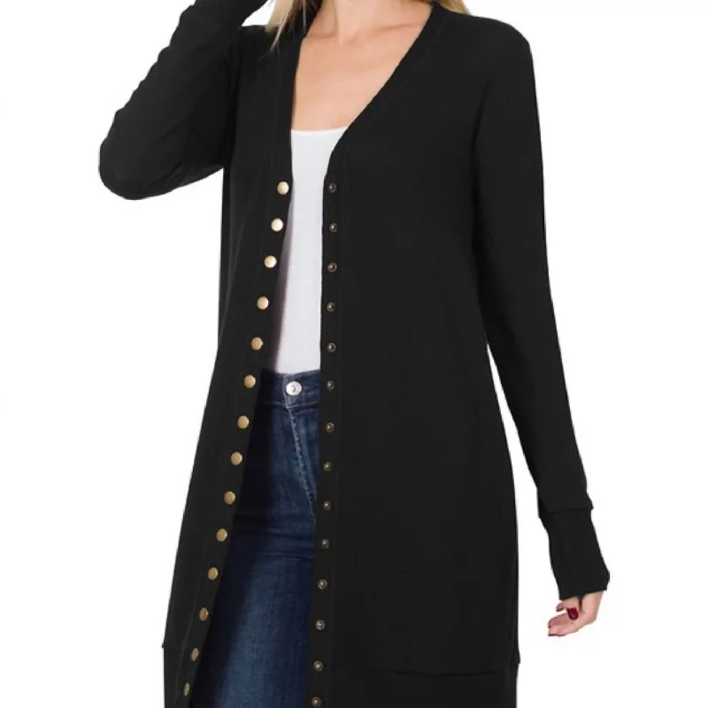 Snap Button Cardigan In Black Modern Contemporary chic