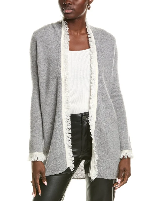 sofiacashmere Open Tonal Fringe Cashmere Cardigan Fitted Slim Tailored