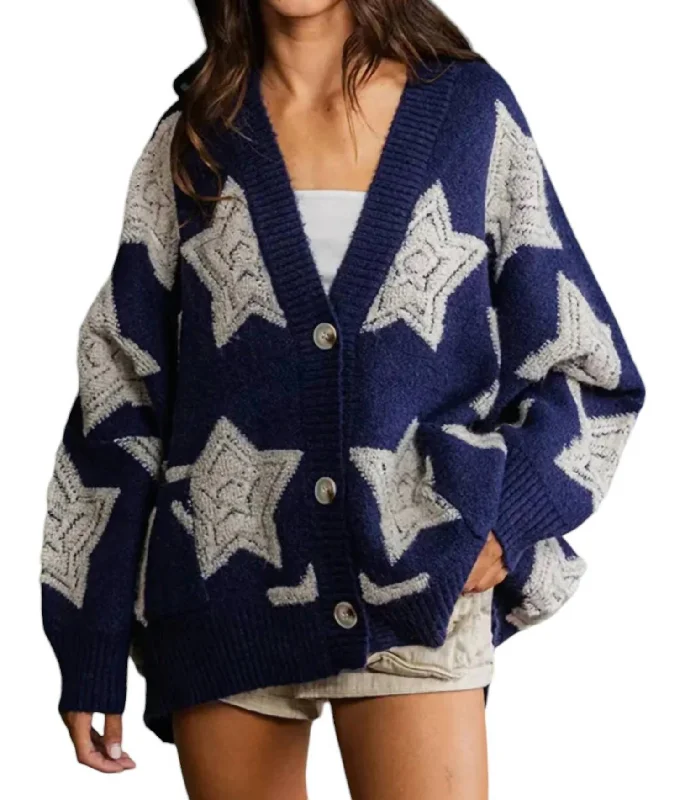 Star Spangled Sweater Cardigan In Navy Cotton Fabric Linen Fabric Terry Fabric