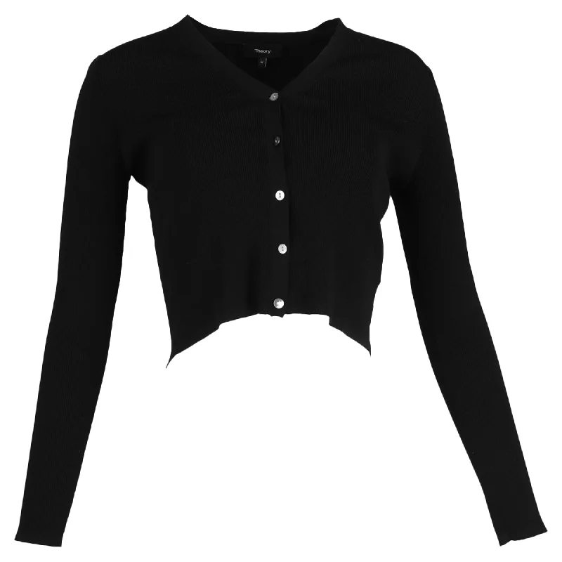 Theory Cropped Cardigan in Black Wool Silk Blend Satin Velvet