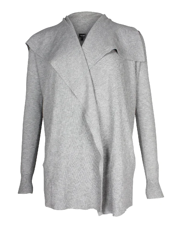 Theory Ribbed Knit Cardigan in Grey Viscose Iron Safe Non-Iron Wrinkle Free