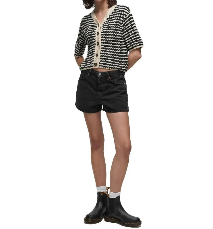 V Short Sleeve Cardigan In Black Mesh Cardigan Canvas Denim