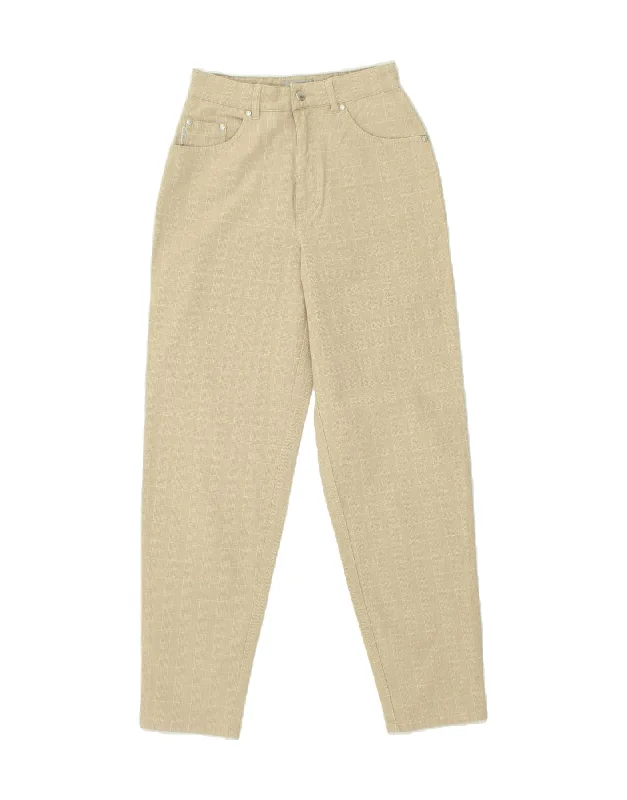 VINTAGE Womens Slim Casual Trousers EU 36 Small W28 L30 Beige Check Cotton Trousers stylish elegant VINTAGE Womens Slim Casual Trousers EU 36 Small W28 L30 Beige Check Cotton Trousers stylish elegant