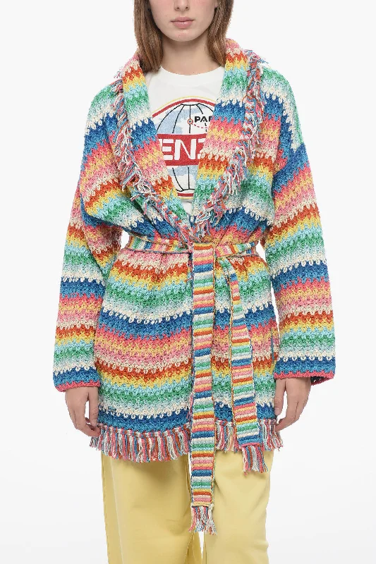 Alanui Knitted RAINBOW Cardigan with Frindge Detailing Notch Collar Peter Pan Collar Cowl Neck Alanui Knitted RAINBOW Cardigan with Frindge Detailing Notch Collar Peter Pan Collar Cowl Neck