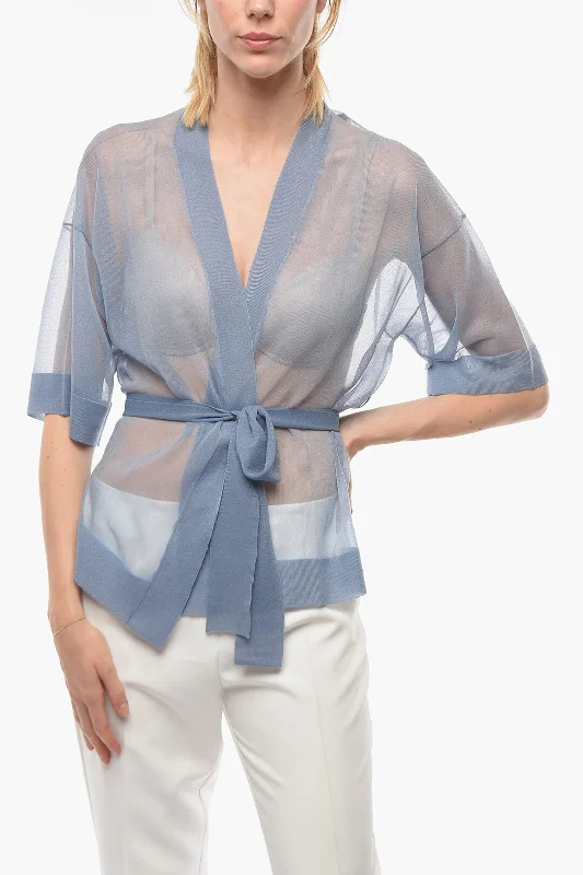Altea Short-sleeved Cardigan with Belt Solid Print Embellished