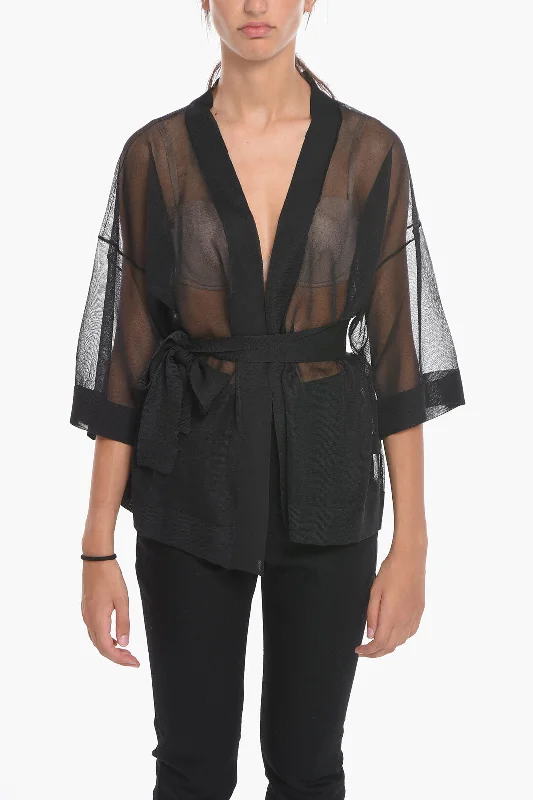 Altea Short-sleeved Sheer Cardigan with Belt Cashmere Blend Cotton Blend Poly Blend