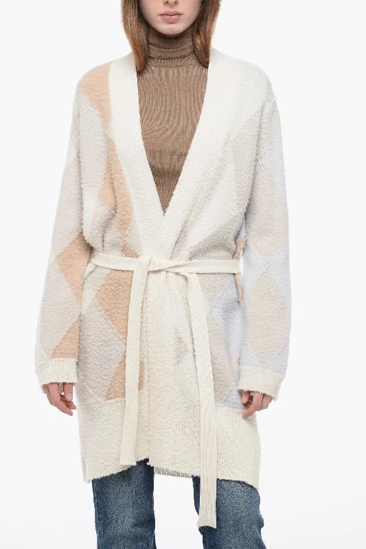 ArchivioB Casentino Wool Long Cardigan with Geometric Motif Denim Fabric Leather Fabric Suede Fabric