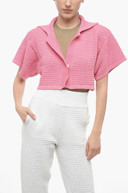Art Essay Cropped Cotton Knit Short Sleeved Cardigan Zippered Buttoned Snapped