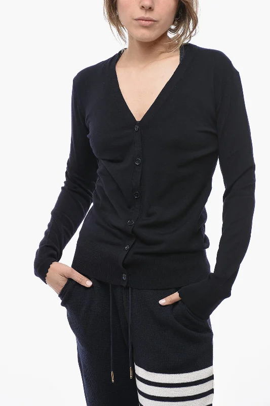Chloe Extrafine Wool Cardigan with V Neck Mesh Blend Leather Blend Suede Blend