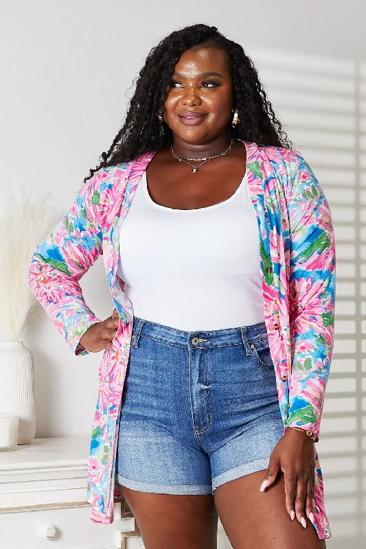 Floral Open Front Long Sleeve Cardigan Hooded Cardigan Collared Cardigan Shawl Collar