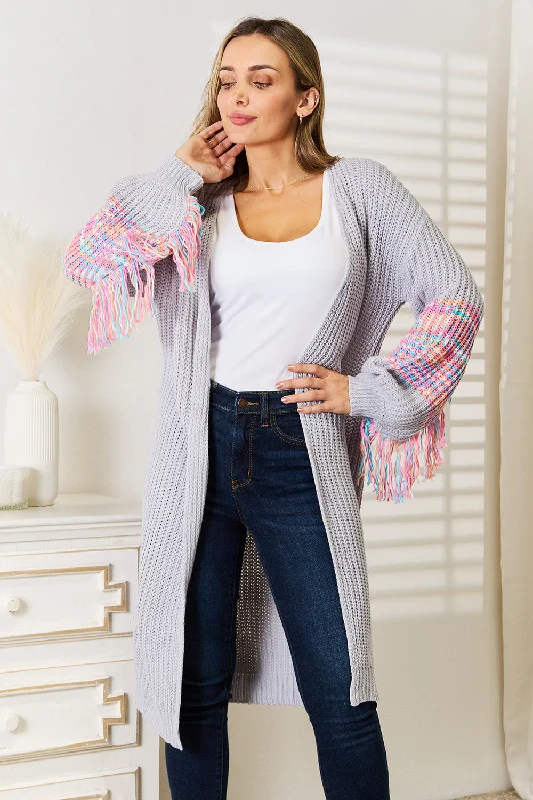 Fringe Sleeve Dropped Shoulder Cardigan Open Front Closed Front Wrap Front