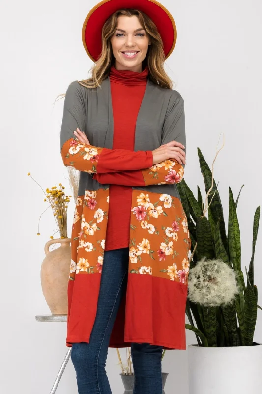 Full Size Floral Color Block Open Front Cardigan Patchwork Embroidered Appliqued