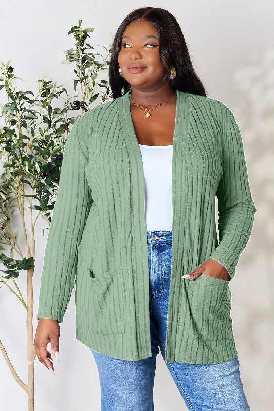 Full Size Ribbed Open Front Cardigan with Pockets Stretchy Elastic Breathable