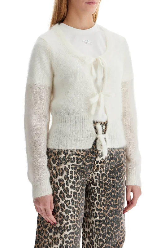 Ganni Mohair Cardigan With Bow Accents Glossy Satin Silk