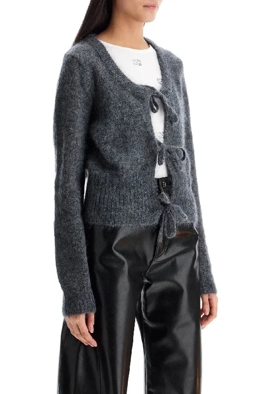 Ganni Mohair Cardigan With Bow Accents Embroidered Appliqued Beaded