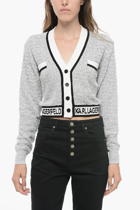 Karl Lagerfeld Bouclè Fabric Cropped Cardigan with Logoed Band Fleece Fabric Down Fabric Feather Fabric
