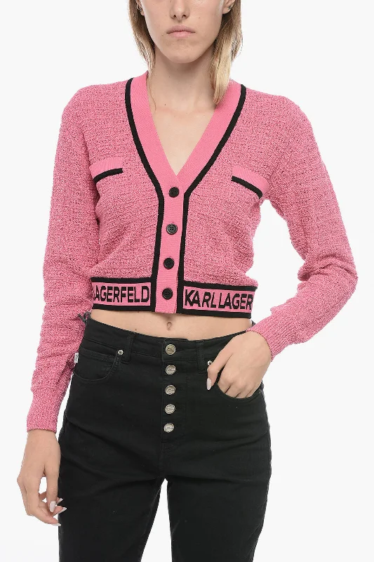 Karl Lagerfeld Bouclè Fabric Cropped Cardigan with Logoed Band Knit Fabric Woven Fabric Fleece Fabric