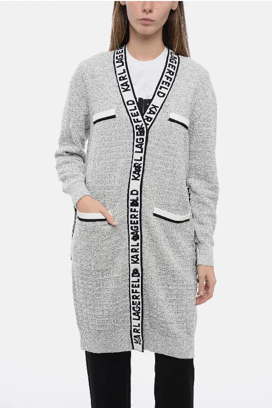 Karl Lagerfeld Boucle' Fabric FEMININE Cardigan with Logoed Bands Front Pockets Side Pockets Patch Pockets