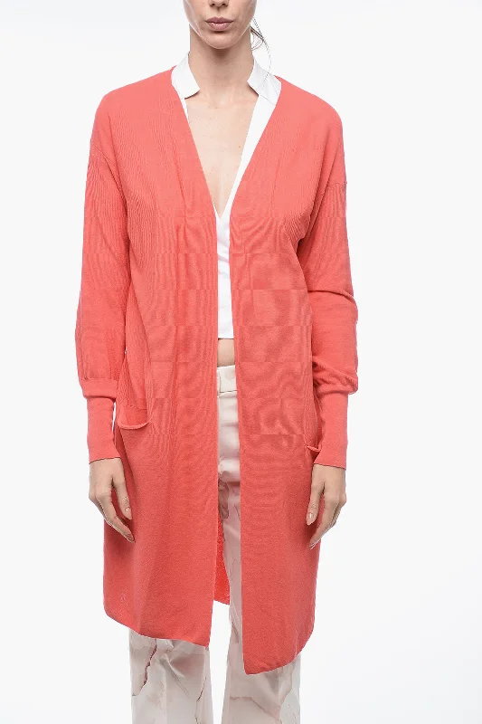 Malo Piquet Cotton Long Cardigan with Cuffs Layered Multi-layer Single Layer