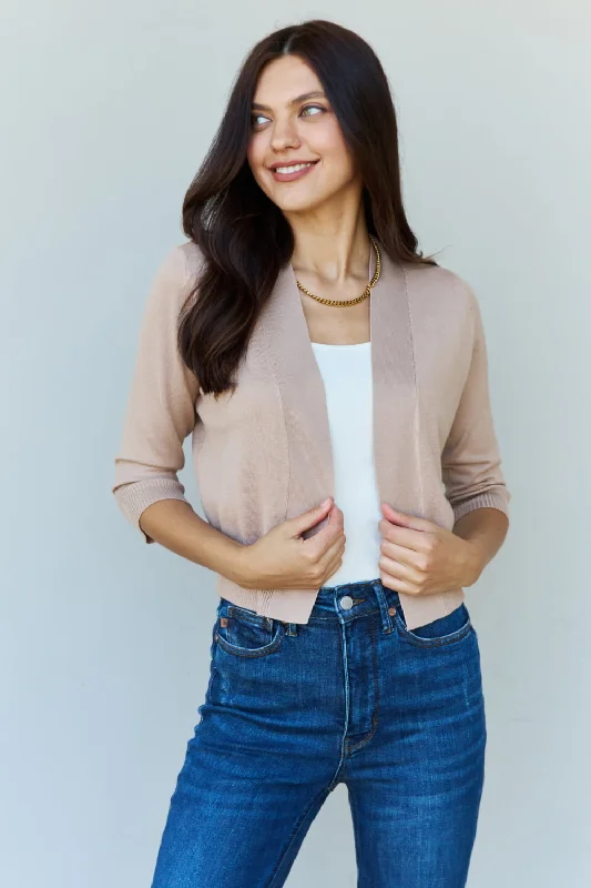 My Favorite Full Size 3/4 Sleeve Cropped Cardigan in Khaki Solid Color Striped Floral Print