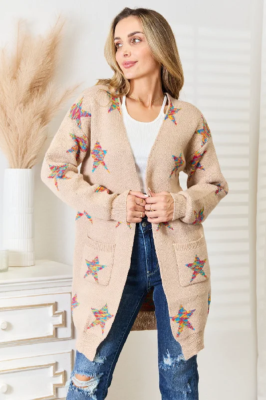 Star Pattern Open Front Longline Cardigan Silk Blend Satin Velvet