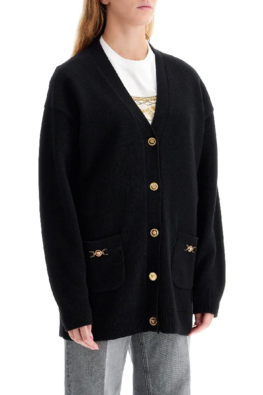 Versace Boxy Wool And Cashmere Cardigan Ribbed Striped Patterned