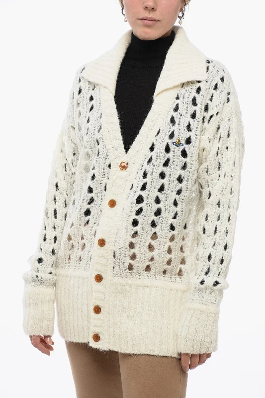 Vivienne Westwood Openwork Cardigan with Contrasting Embroidery Boat Neck Shawl Collar Notched Collar Vivienne Westwood Openwork Cardigan with Contrasting Embroidery Boat Neck Shawl Collar Notched Collar