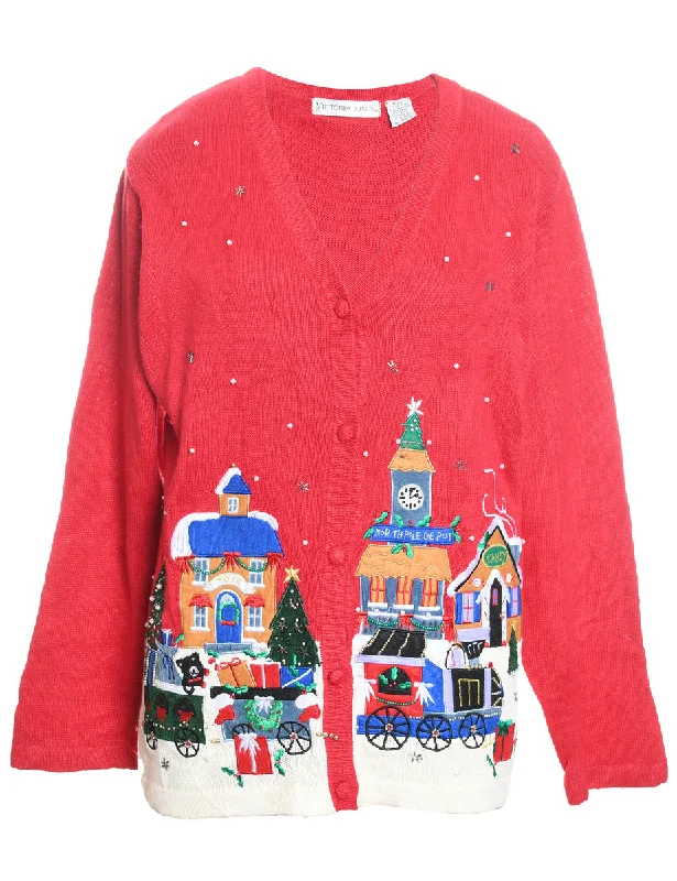 Winter Scene Design Christmas Cardigan - L Bright Pastel Dark
