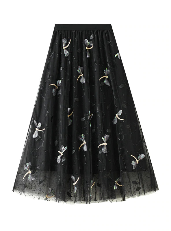 3D EMBROIDERED DRAGONFLIES DOTTED GAUZE SKIRT elastic waist skirt