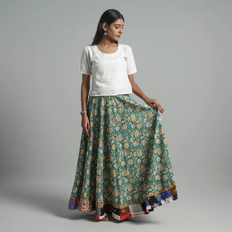 Green - Sanganeri Block Print Cotton Long Skirt 16 low waist skirt