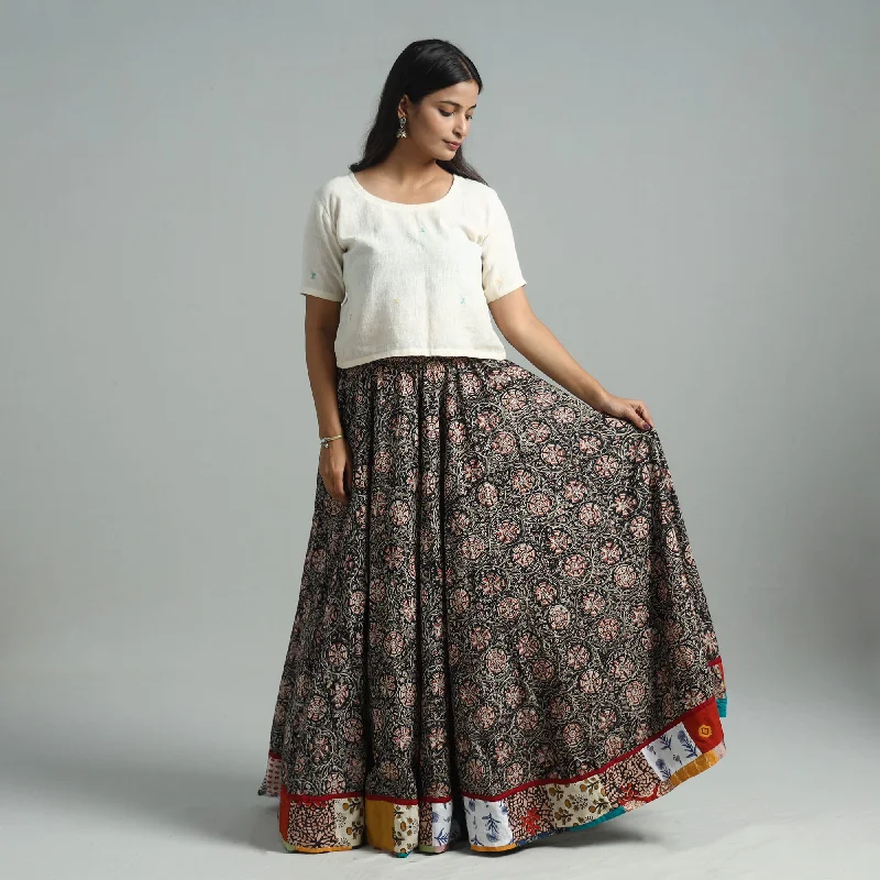 Black - Hand Block Printed Cotton Long Kalamkari Skirt 04 spandex blend skirt