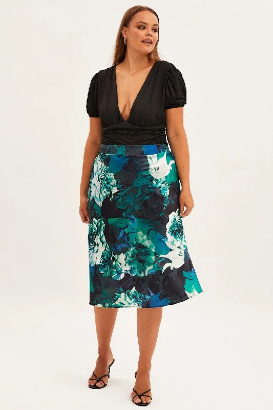 Abstract Print Slip Skirt Midi Satin chiffon skirt airy