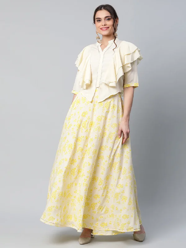 Women's Crepe Cream Solid Top With Printed Skirt With Ruffle Details By Ahalyaa- 2 Pc Set leather skirt bold